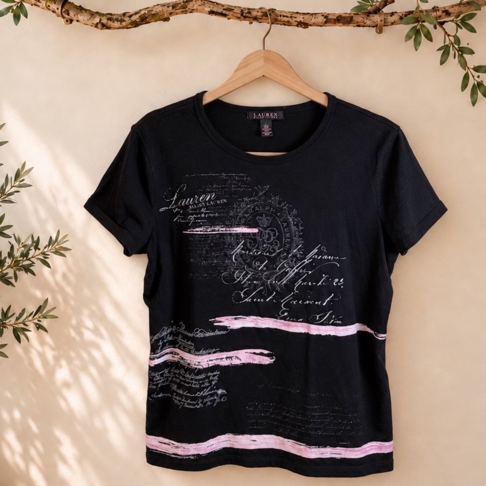 Lauren Ralph Lauren Black Graphic Tee Pink Script Crest Glitter Shirt Large Y2K